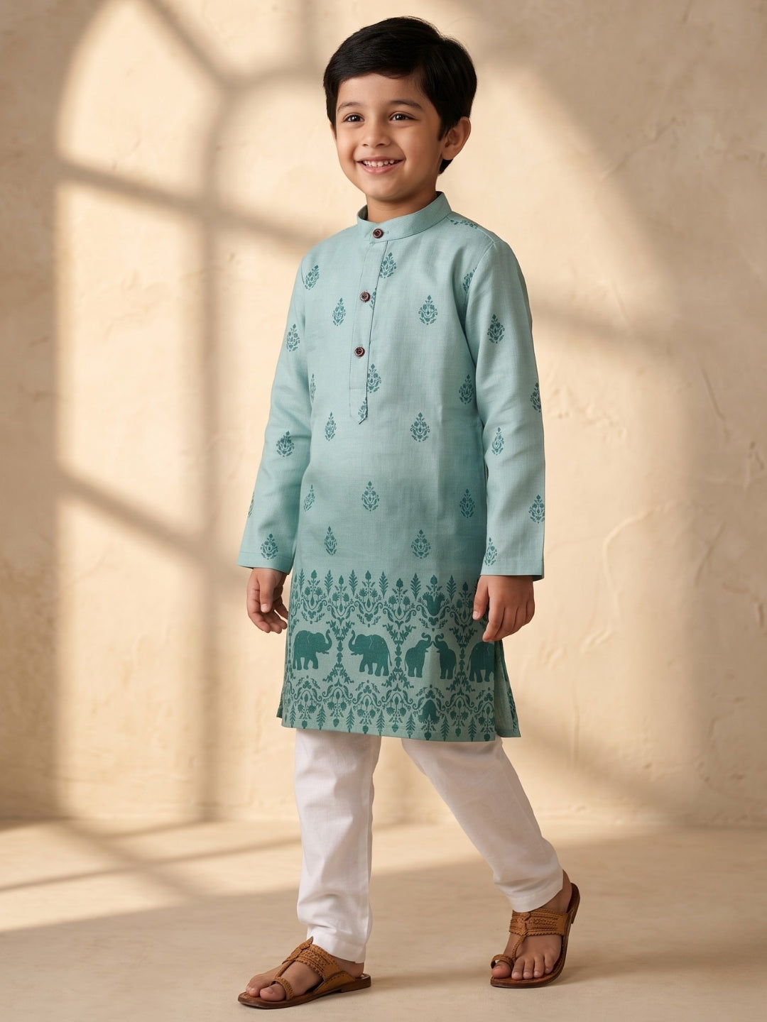 AJ Dezines Blue Elephant Printed Cotton Blend Kurta Pyjama Set For Boys