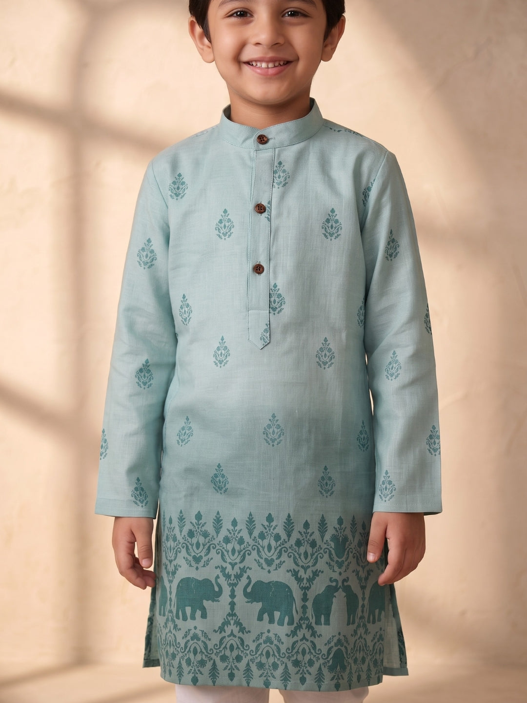 AJ Dezines Blue Elephant Printed Cotton Blend Kurta Pyjama Set For Boys