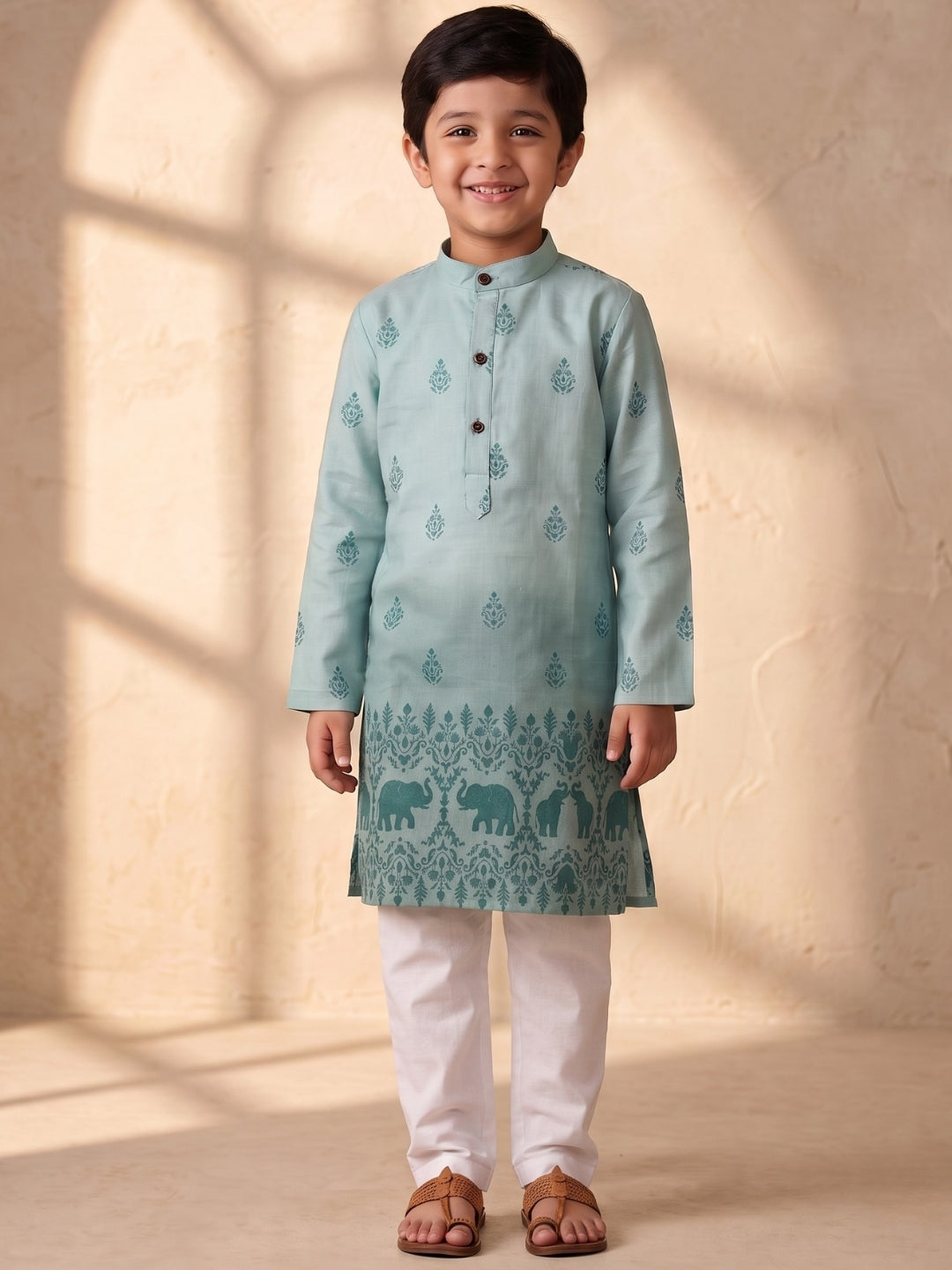 AJ Dezines Blue Elephant Printed Cotton Blend Kurta Pyjama Set For Boys
