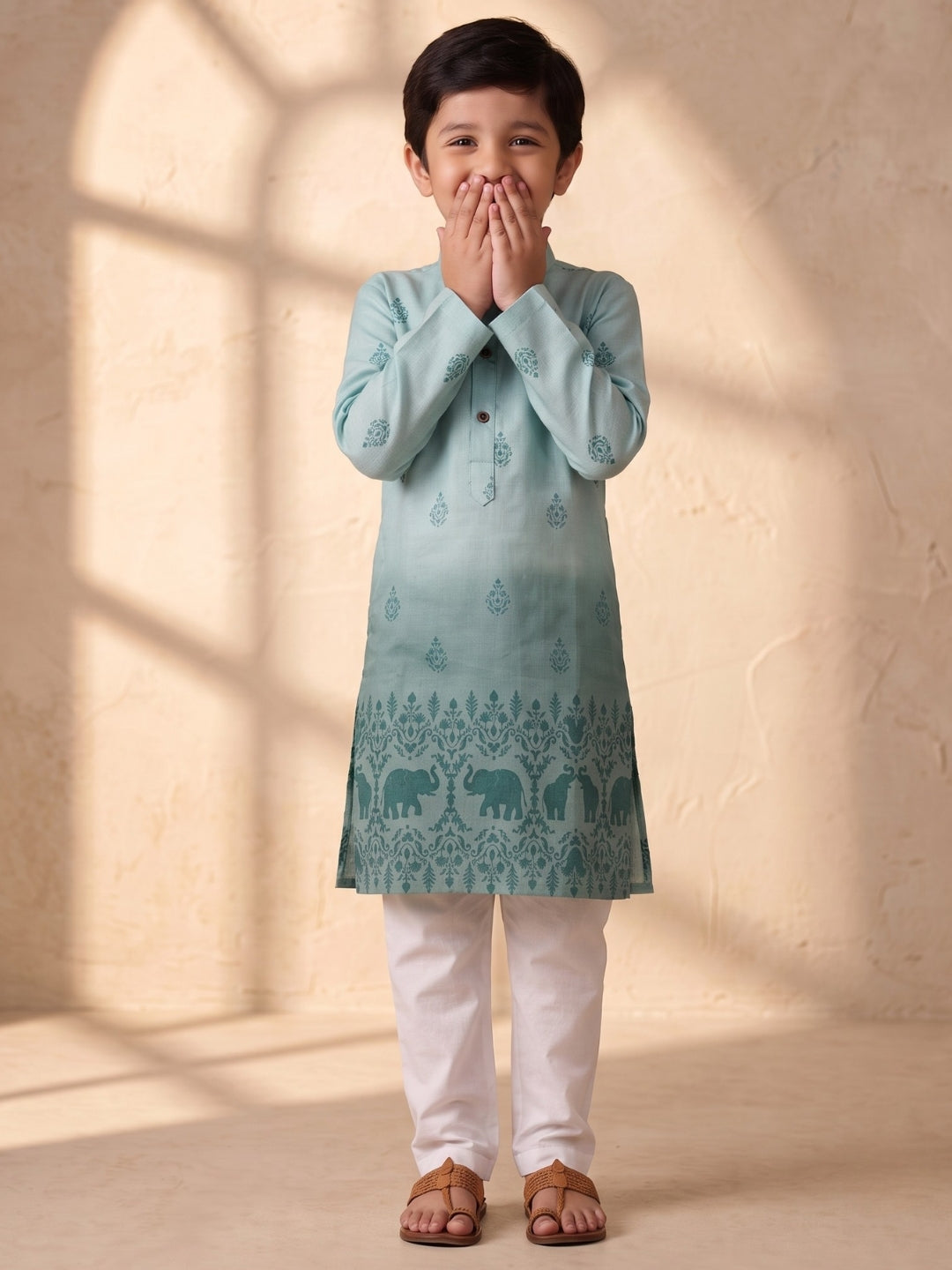 AJ Dezines Blue Elephant Printed Cotton Blend Kurta Pyjama Set For Boys