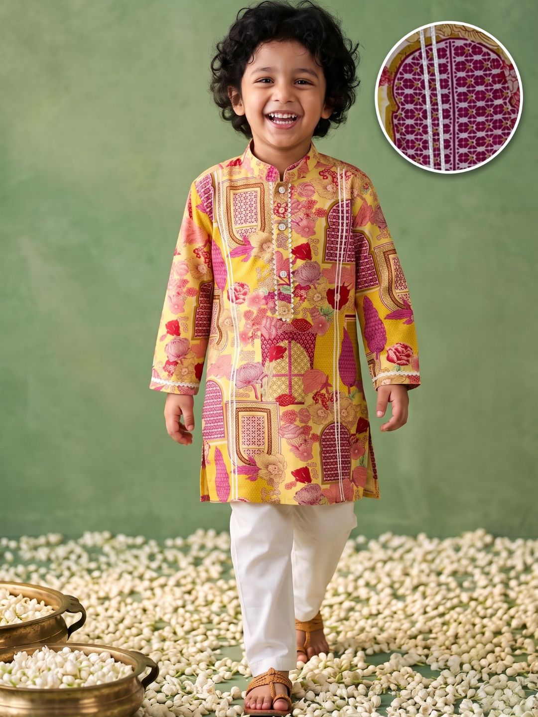Yellow Ethnic Print Cotton Kurta Pyjama Set For Boys
