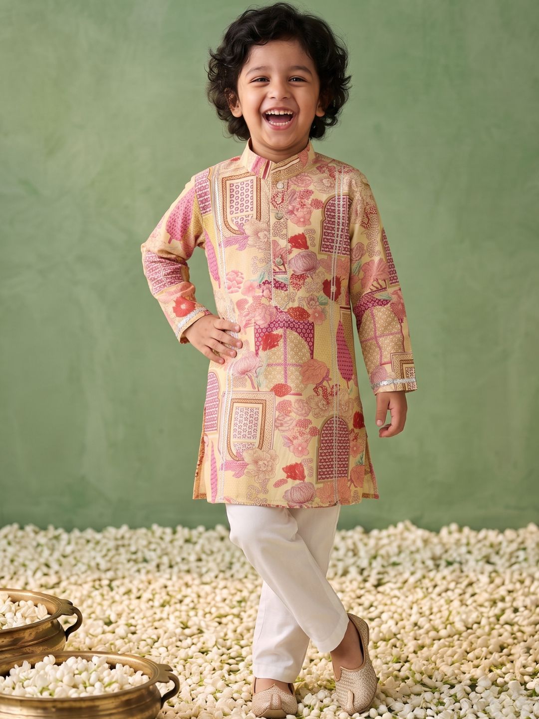 Yellow Ethnic Print Cotton Kurta Pyjama Set For Boys