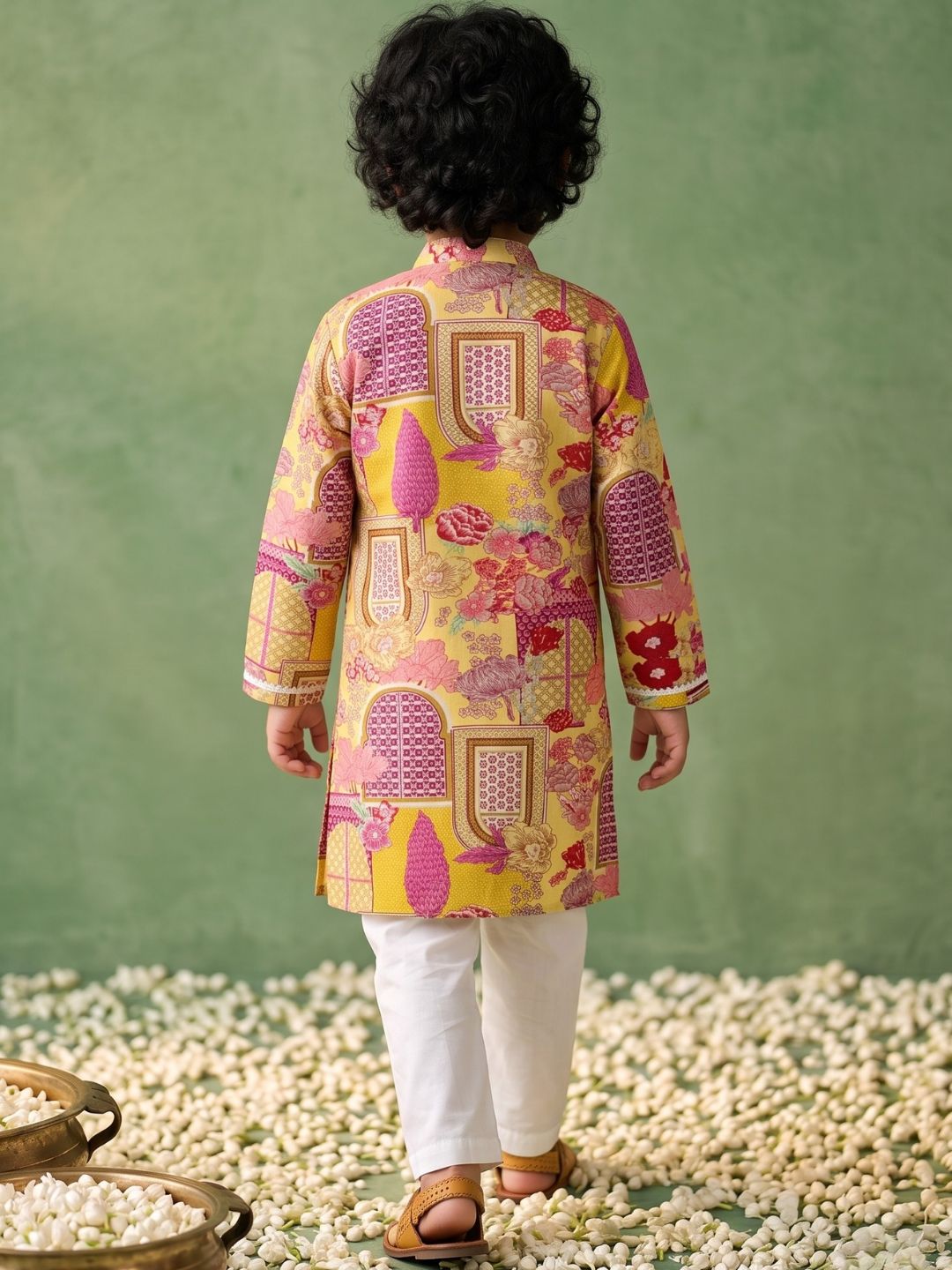 Yellow Ethnic Print Cotton Kurta Pyjama Set For Boys