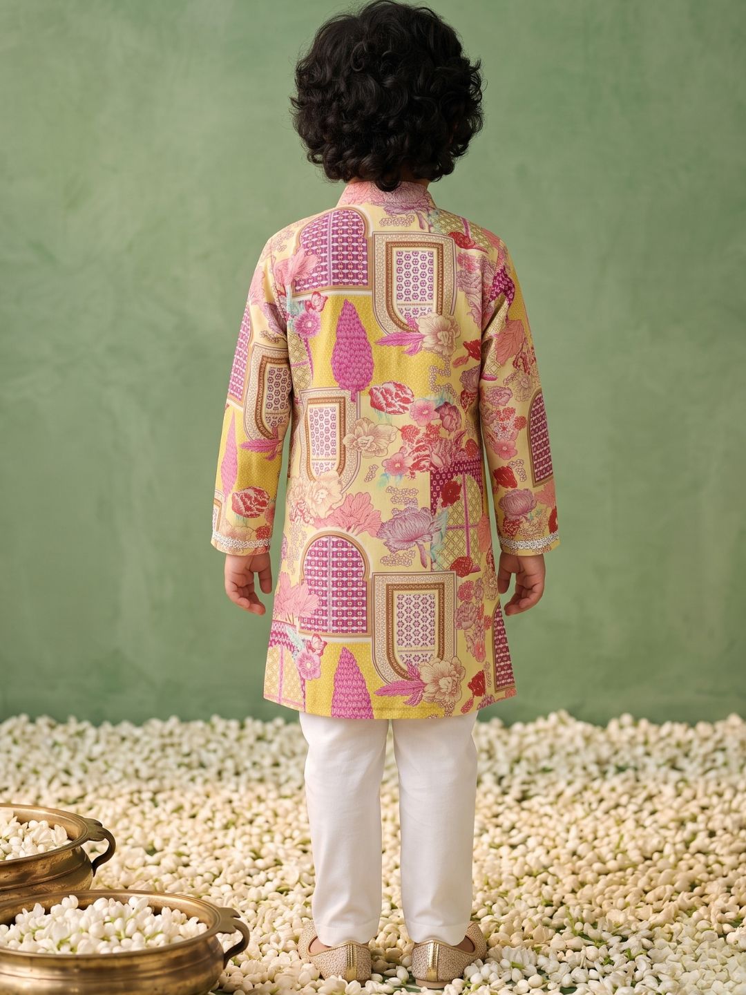 Yellow Ethnic Print Cotton Kurta Pyjama Set For Boys