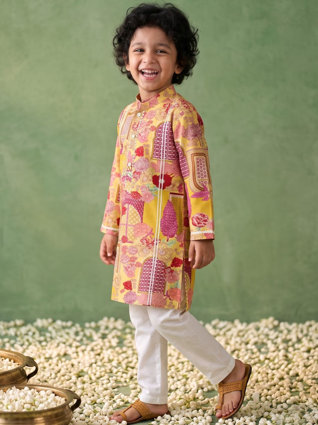 Yellow Ethnic Print Cotton Kurta Pyjama Set For Boys