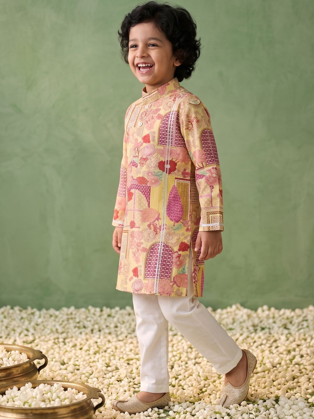Yellow Ethnic Print Cotton Kurta Pyjama Set For Boys