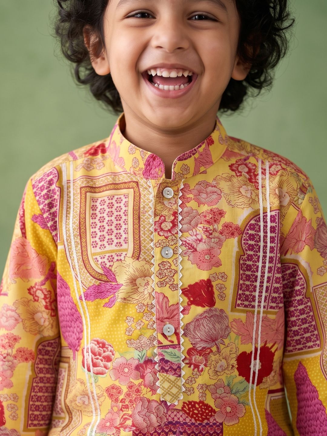 Yellow Ethnic Print Cotton Kurta Pyjama Set For Boys