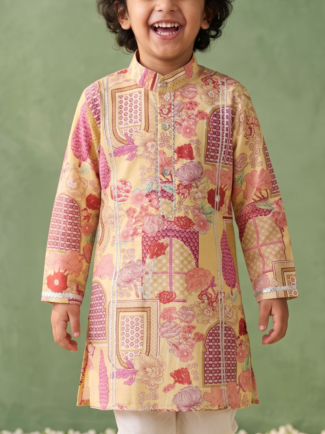 Yellow Ethnic Print Cotton Kurta Pyjama Set For Boys