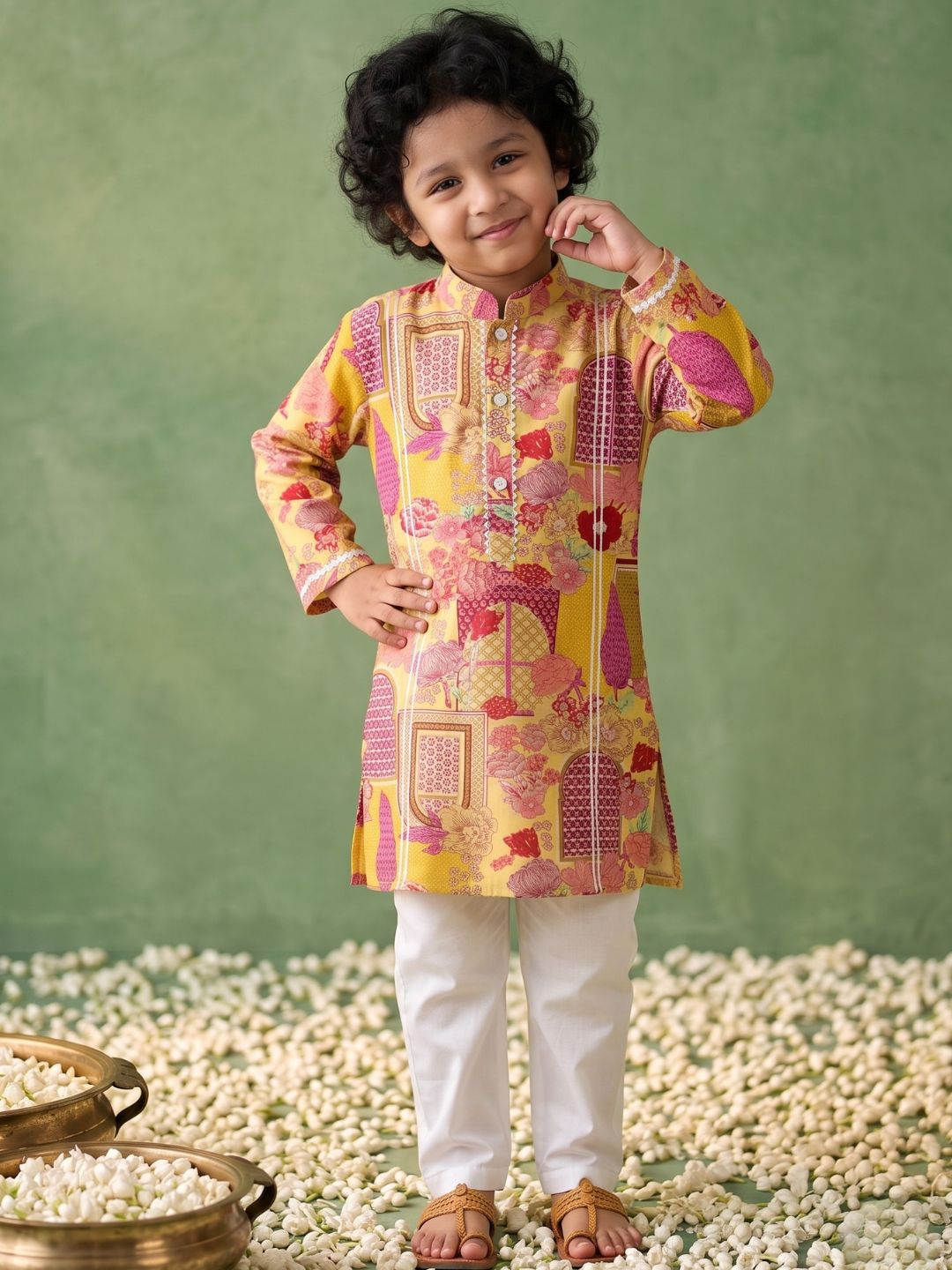 Yellow Ethnic Print Cotton Kurta Pyjama Set For Boys