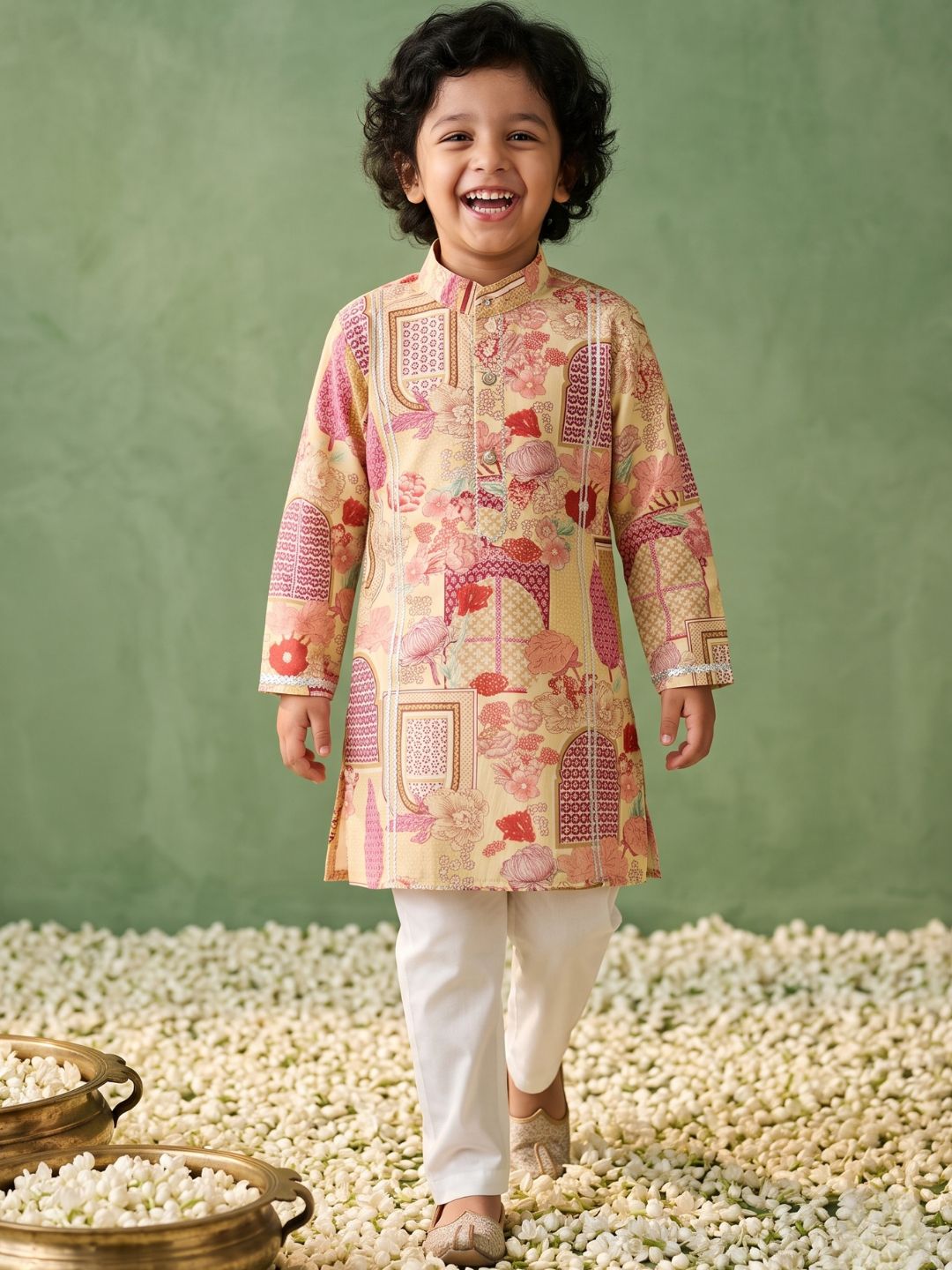 Yellow Ethnic Print Cotton Kurta Pyjama Set For Boys