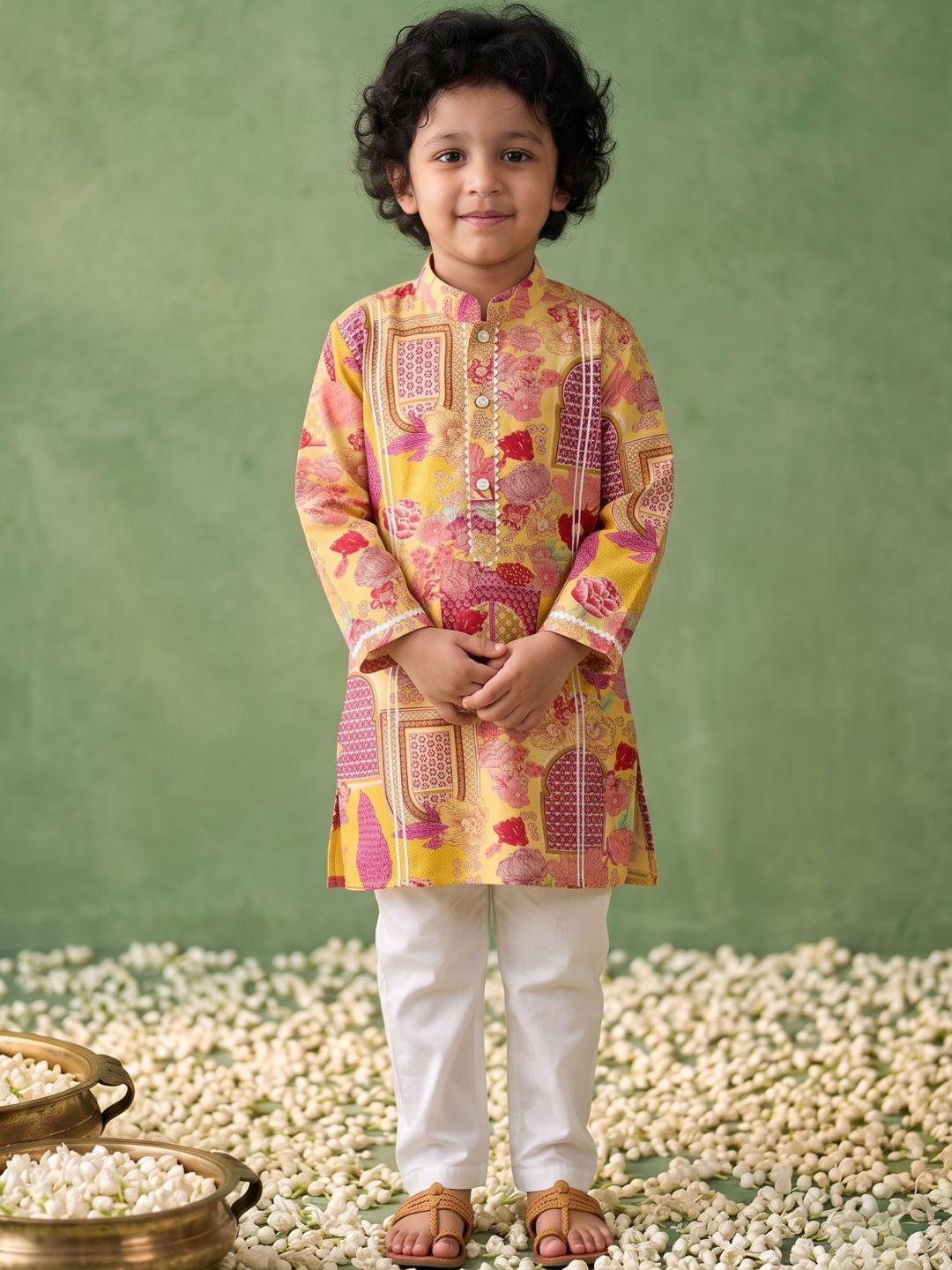 Yellow Ethnic Print Cotton Kurta Pyjama Set For Boys