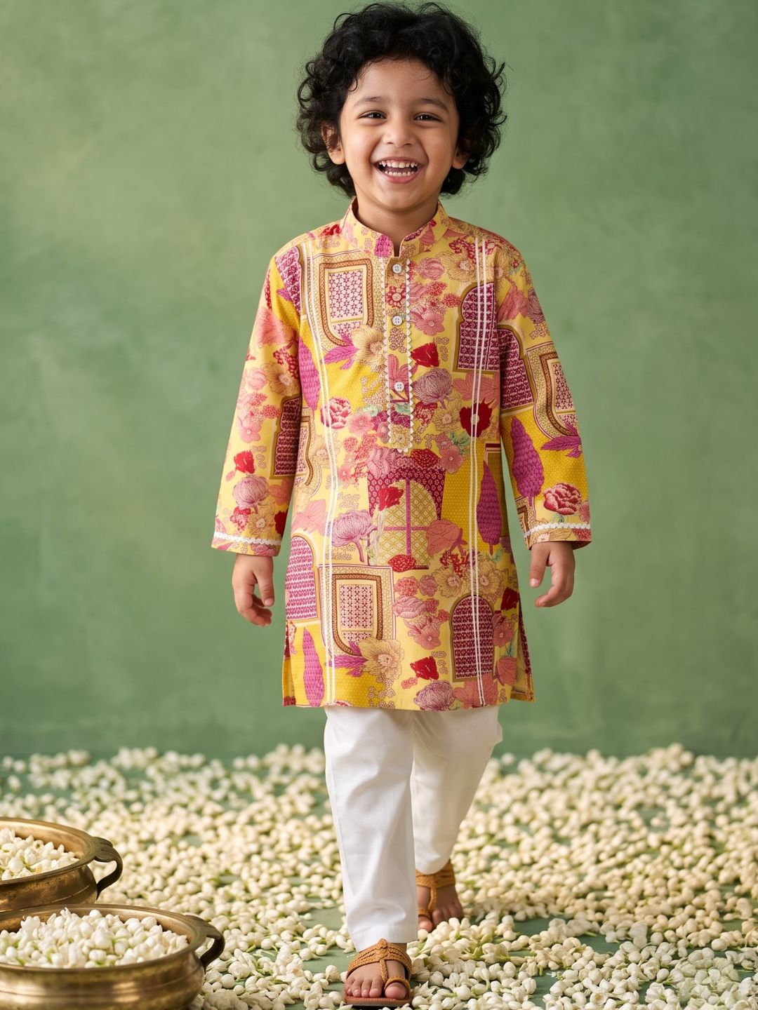 Yellow Ethnic Print Cotton Kurta Pyjama Set For Boys