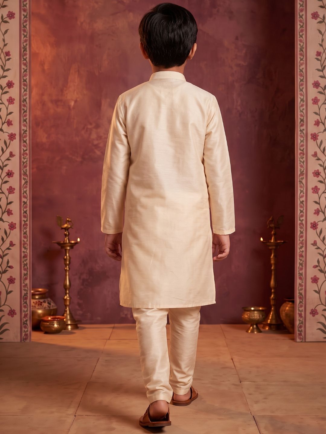 Cream Solid Silk Blend Kurta and Pyjama For Boys