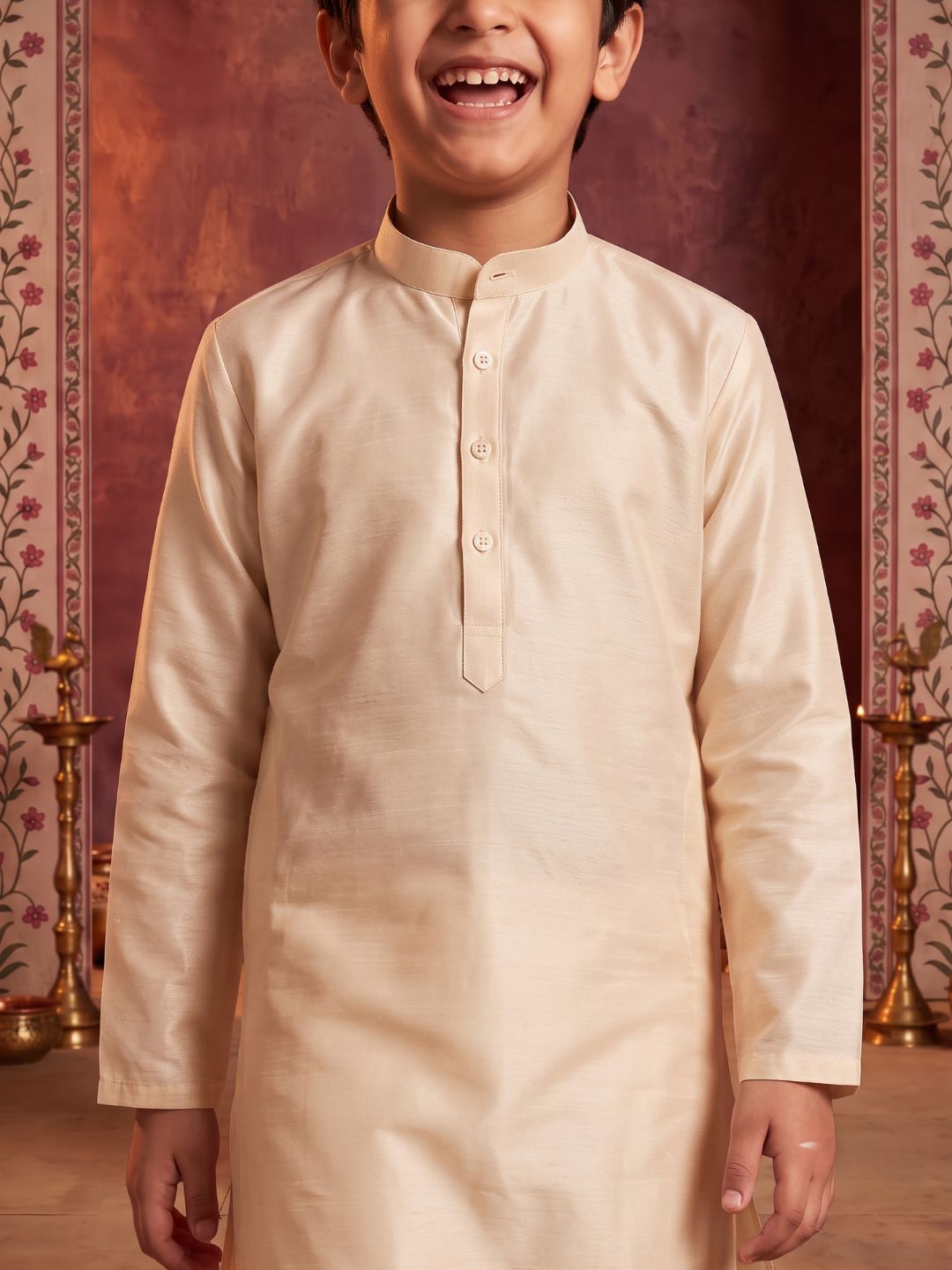 Cream Solid Silk Blend Kurta and Pyjama For Boys
