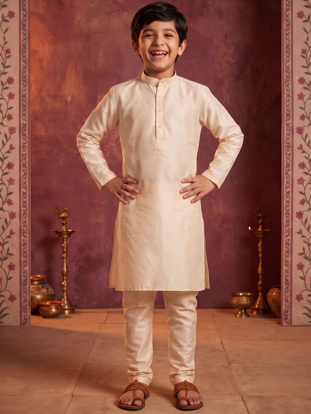 Cream Solid Silk Blend Kurta and Pyjama For Boys