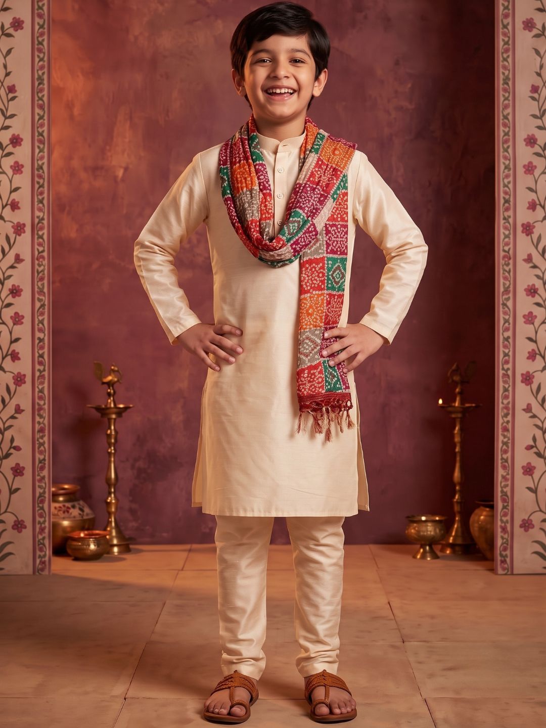 Cream Solid Silk Blend Kurta Pyjama With Multicolor Checks Dupatta Set For Boys