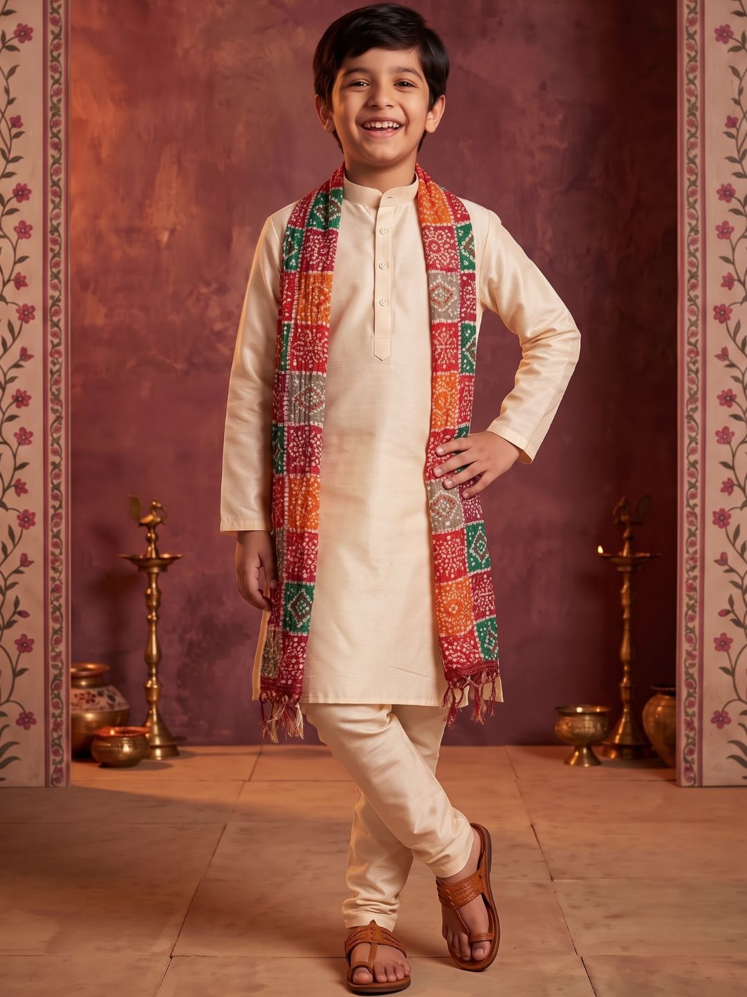 Cream Solid Silk Blend Kurta Pyjama With Multicolor Checks Dupatta Set For Boys