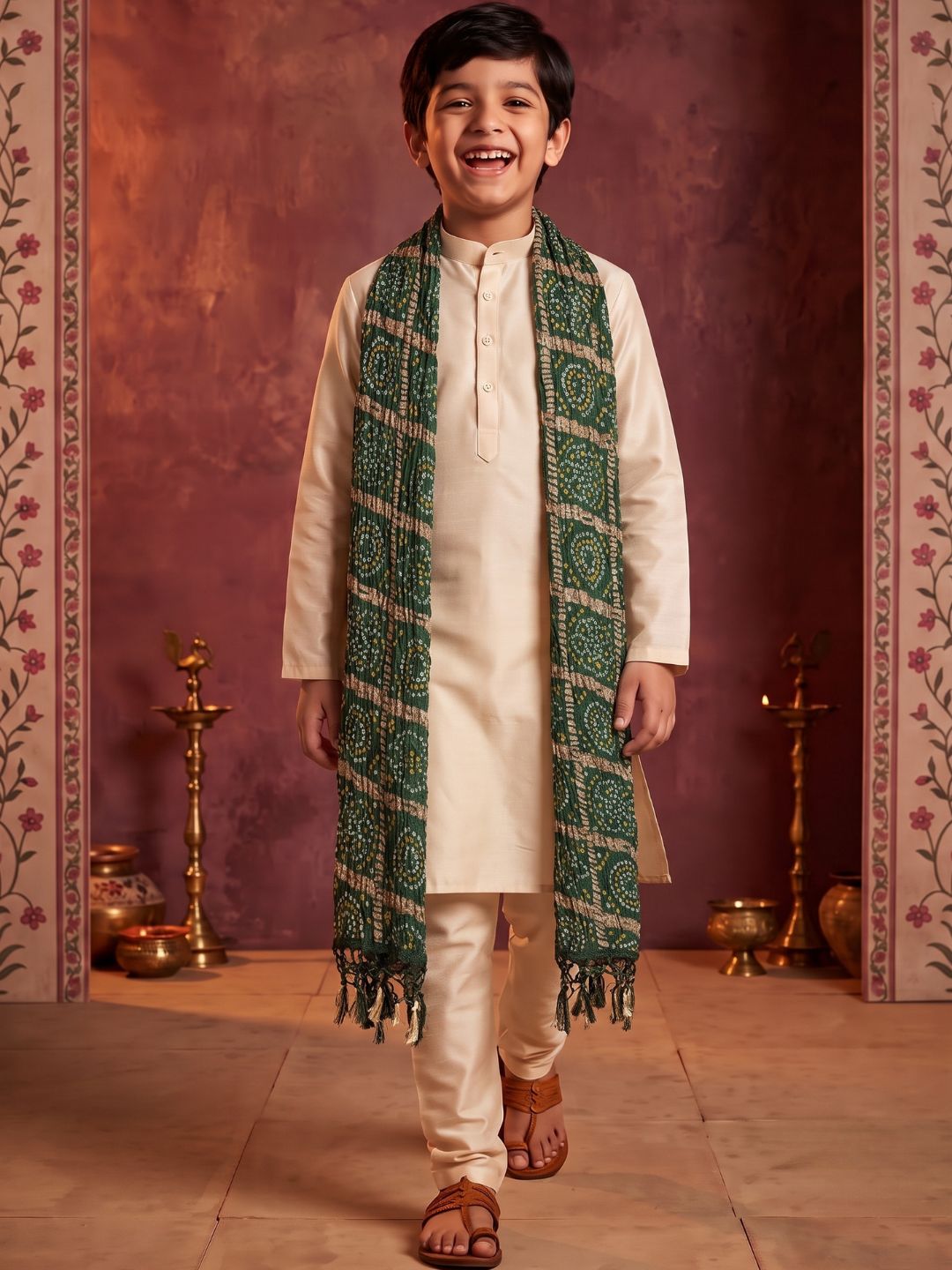Cream Solid Silk Blend Kurta Pyjama With Green Dupatta Set For Boys