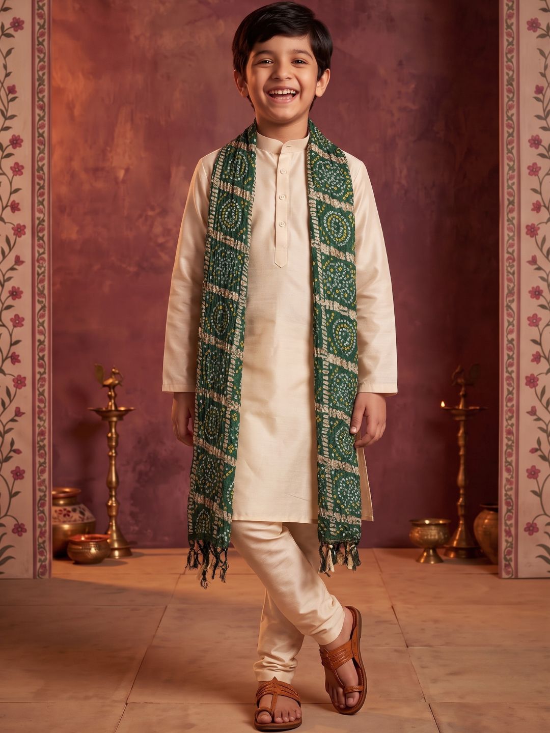Cream Solid Silk Blend Kurta Pyjama With Green Dupatta Set For Boys