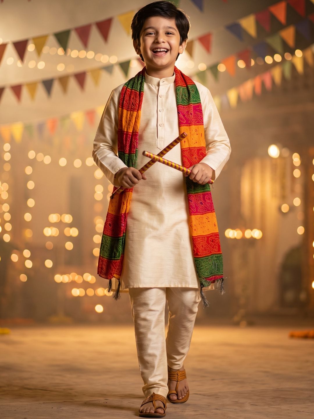 Cream Solid Silk Blend Kurta Pyjama With Multicolor Dupatta Set For Boys