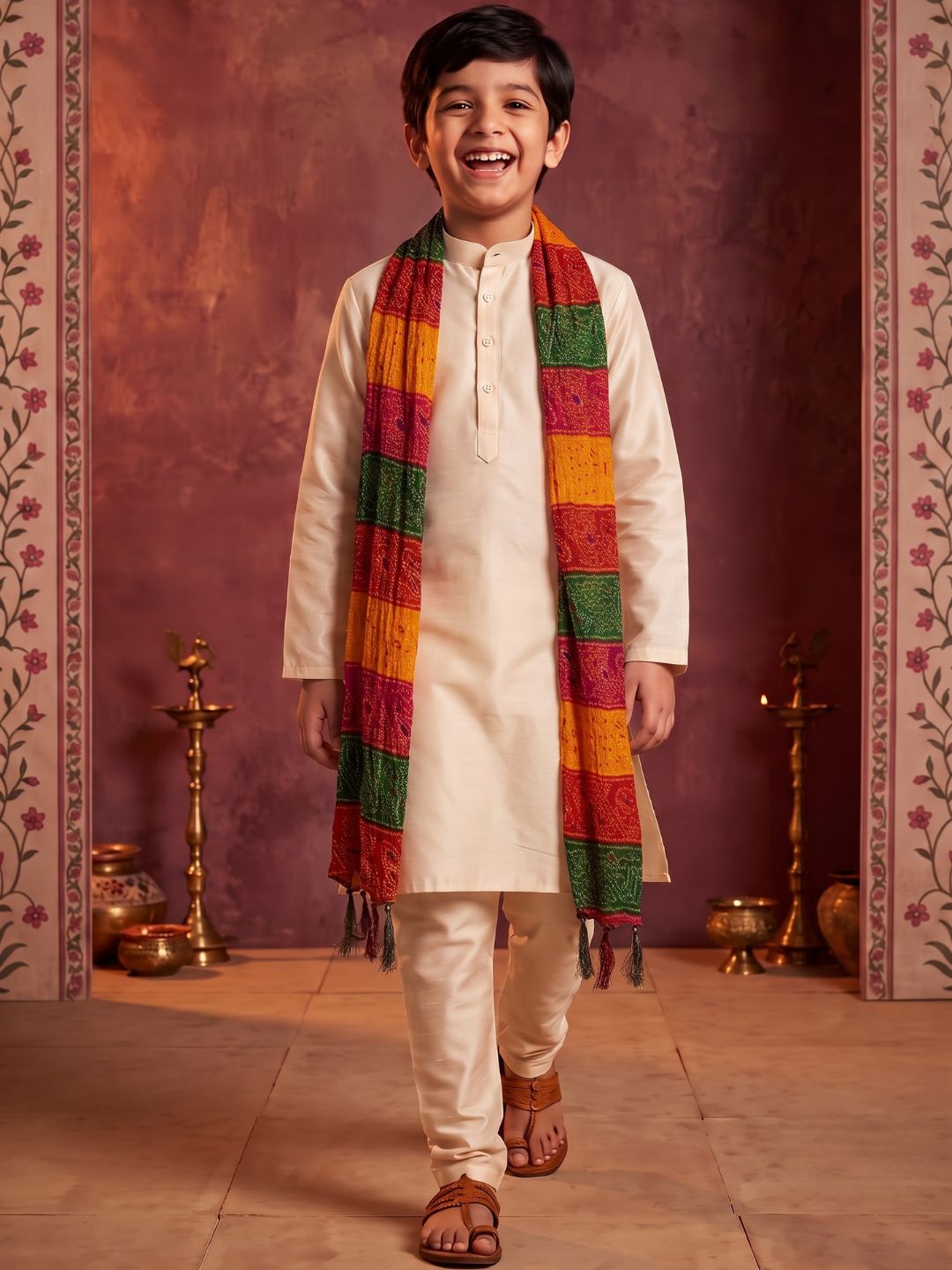 Cream Solid Silk Blend Kurta Pyjama With Multicolor Dupatta Set For Boys