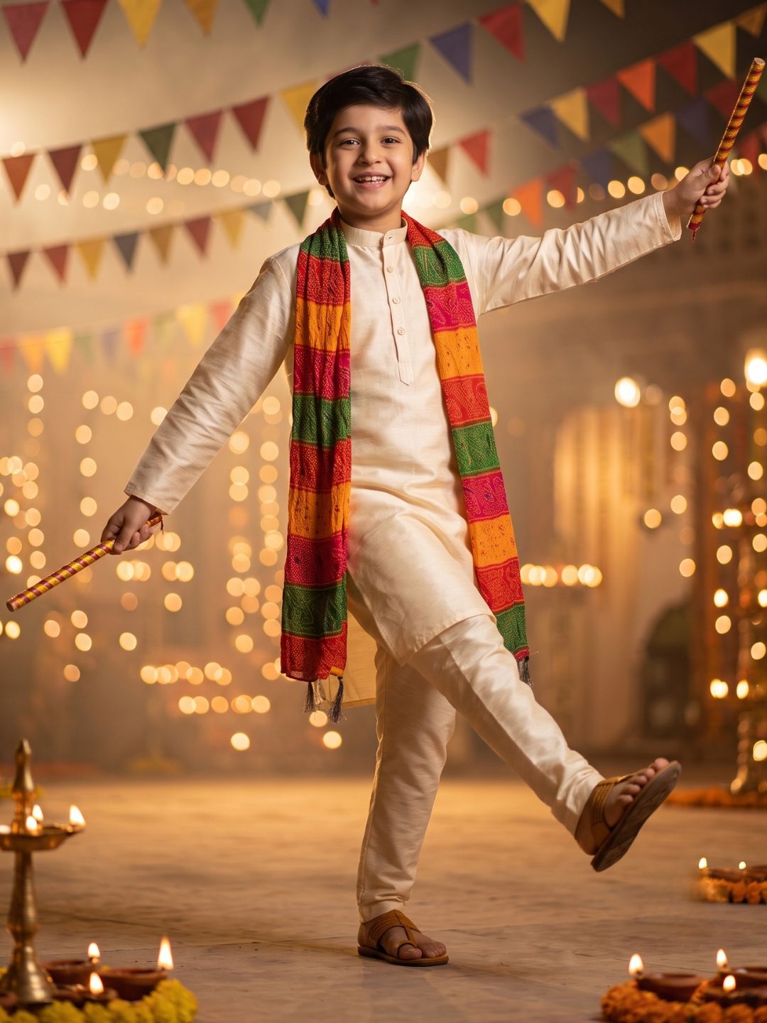 Cream Solid Silk Blend Kurta Pyjama With Multicolor Dupatta Set For Boys