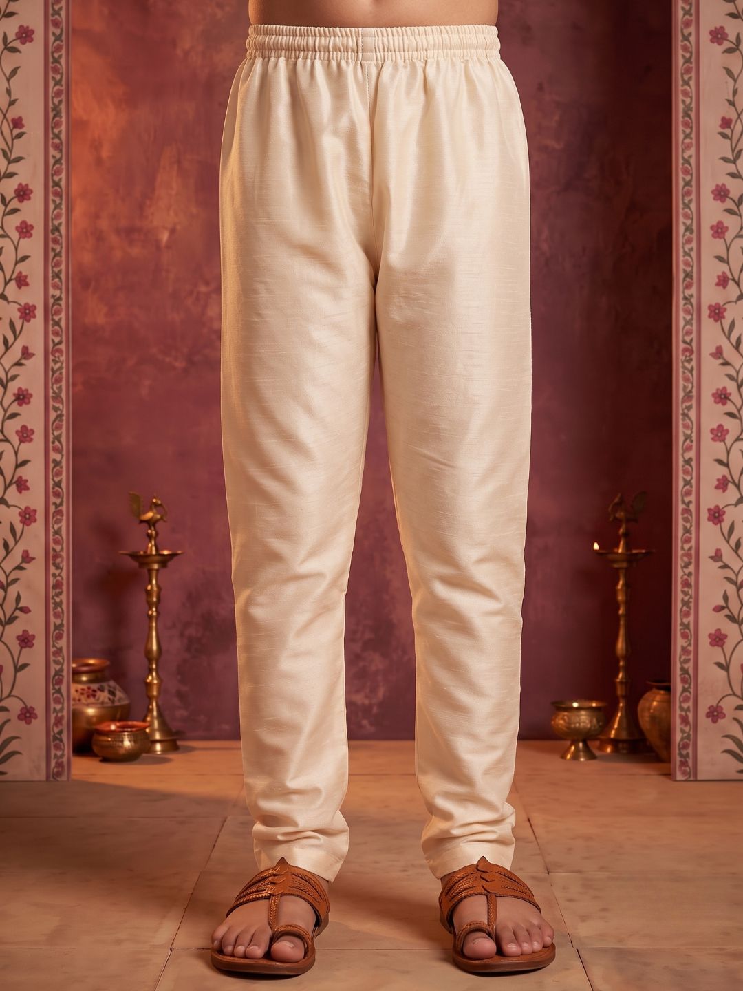 Cream Solid Silk Blend Kurta Pyjama With Multicolor Dupatta Set For Boys