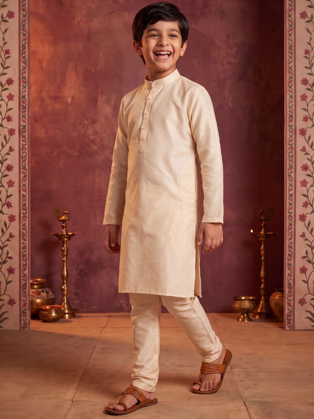 Cream Solid Silk Blend Kurta Pyjama With Multicolor Dupatta Set For Boys