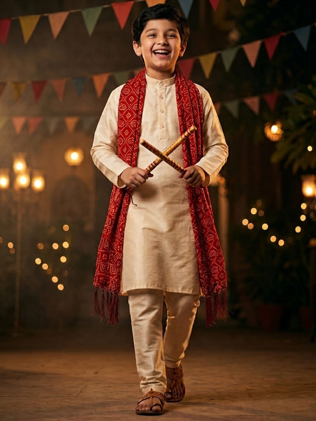 Cream Solid Silk Blend Kurta Pyjama With Maroon Dupatta Set For Boys