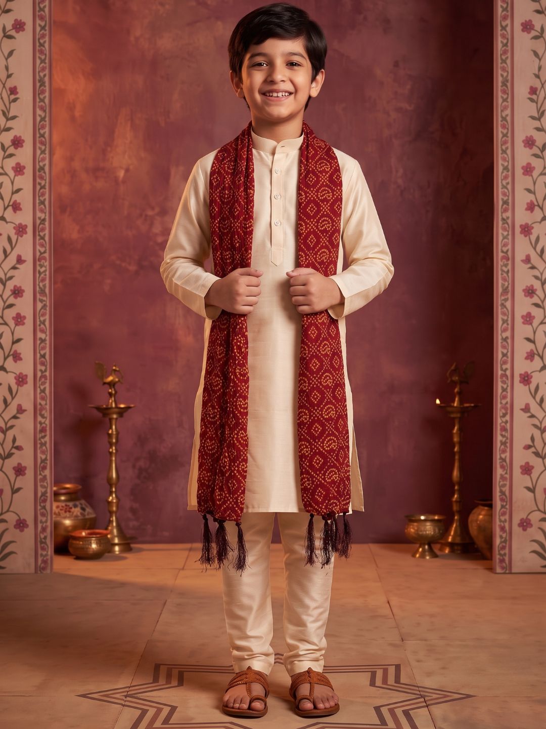 Cream Solid Silk Blend Kurta Pyjama With Maroon Dupatta Set For Boys