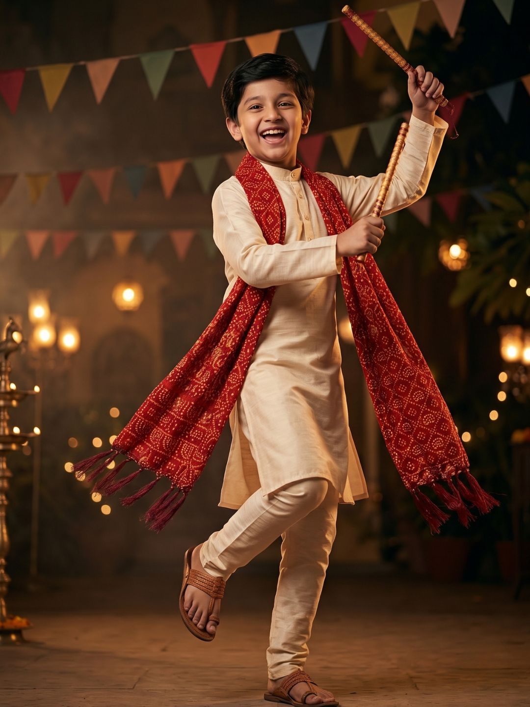 Cream Solid Silk Blend Kurta Pyjama With Maroon Dupatta Set For Boys