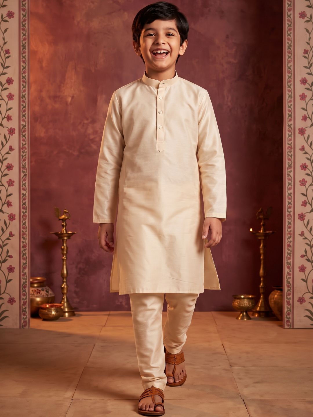 Cream Solid Silk Blend Kurta Pyjama With Maroon Dupatta Set For Boys
