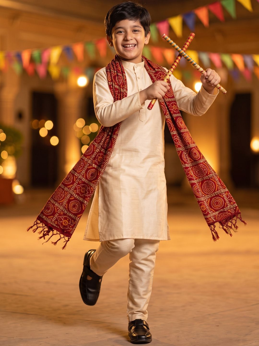 Cream Solid Silk Blend Kurta Pyjama With Red Dupatta Set For Boys