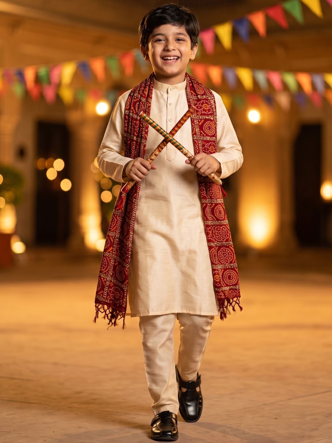 Cream Solid Silk Blend Kurta Pyjama With Red Dupatta Set For Boys