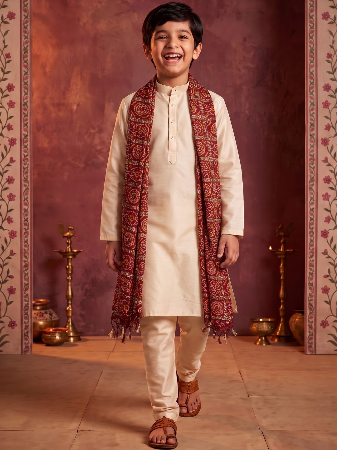 Cream Solid Silk Blend Kurta Pyjama With Red Dupatta Set For Boys