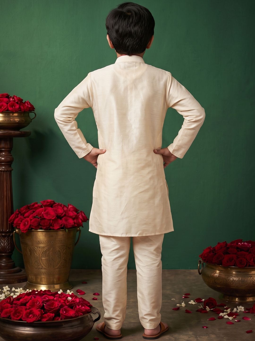 Cream Solid Silk Blend Red Piping Kurta and Pyjama Set For Boys