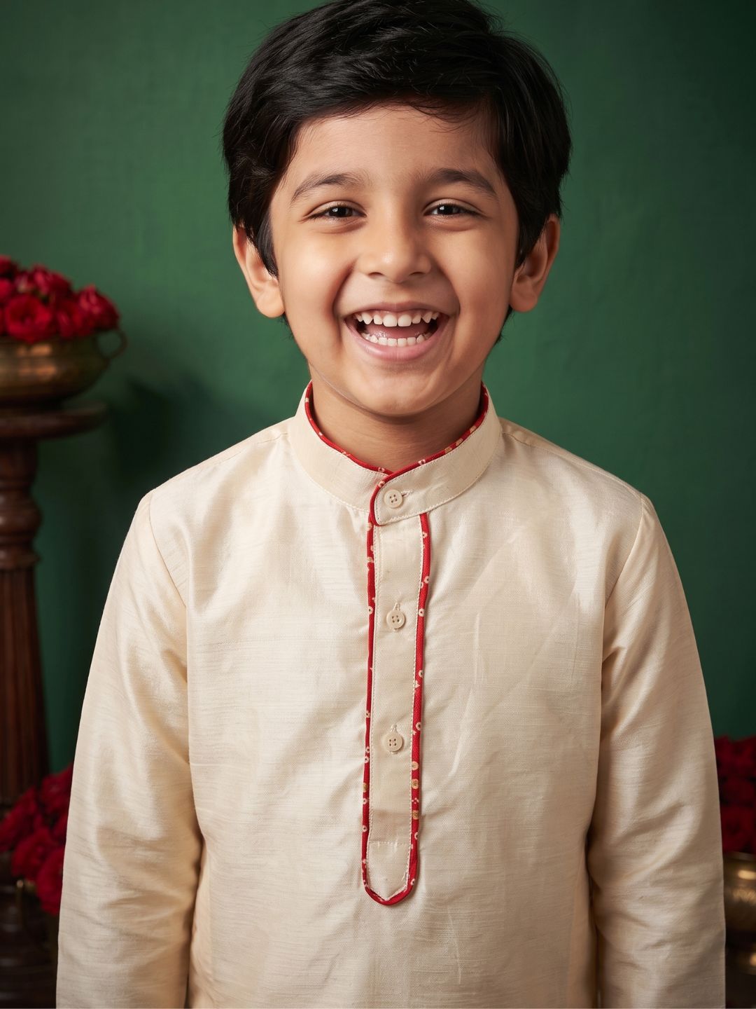Cream Solid Silk Blend Red Piping Kurta and Pyjama Set For Boys