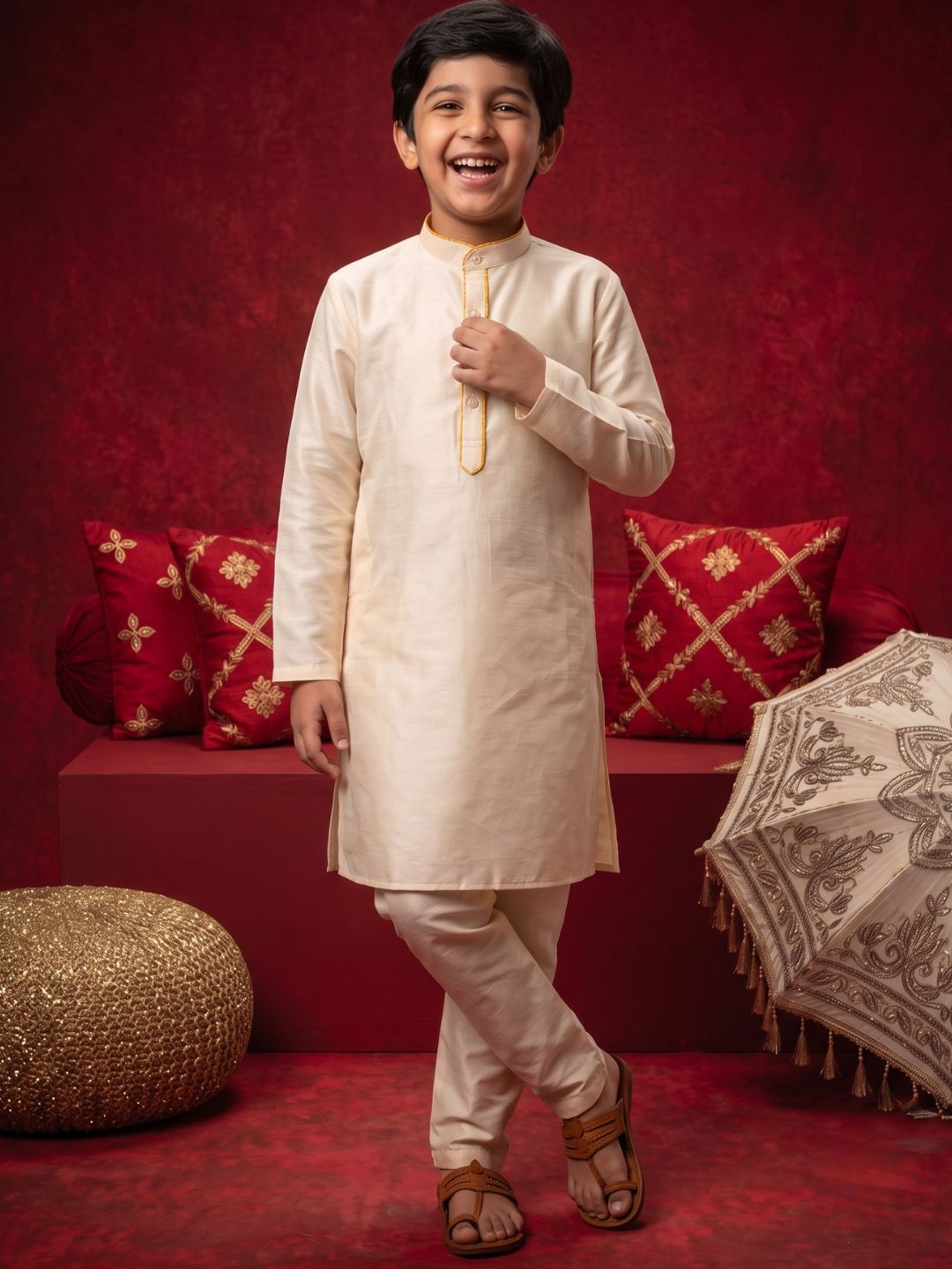 Cream Solid Silk Blend Yellow Piping Kurta and Pyjama Set For Boys