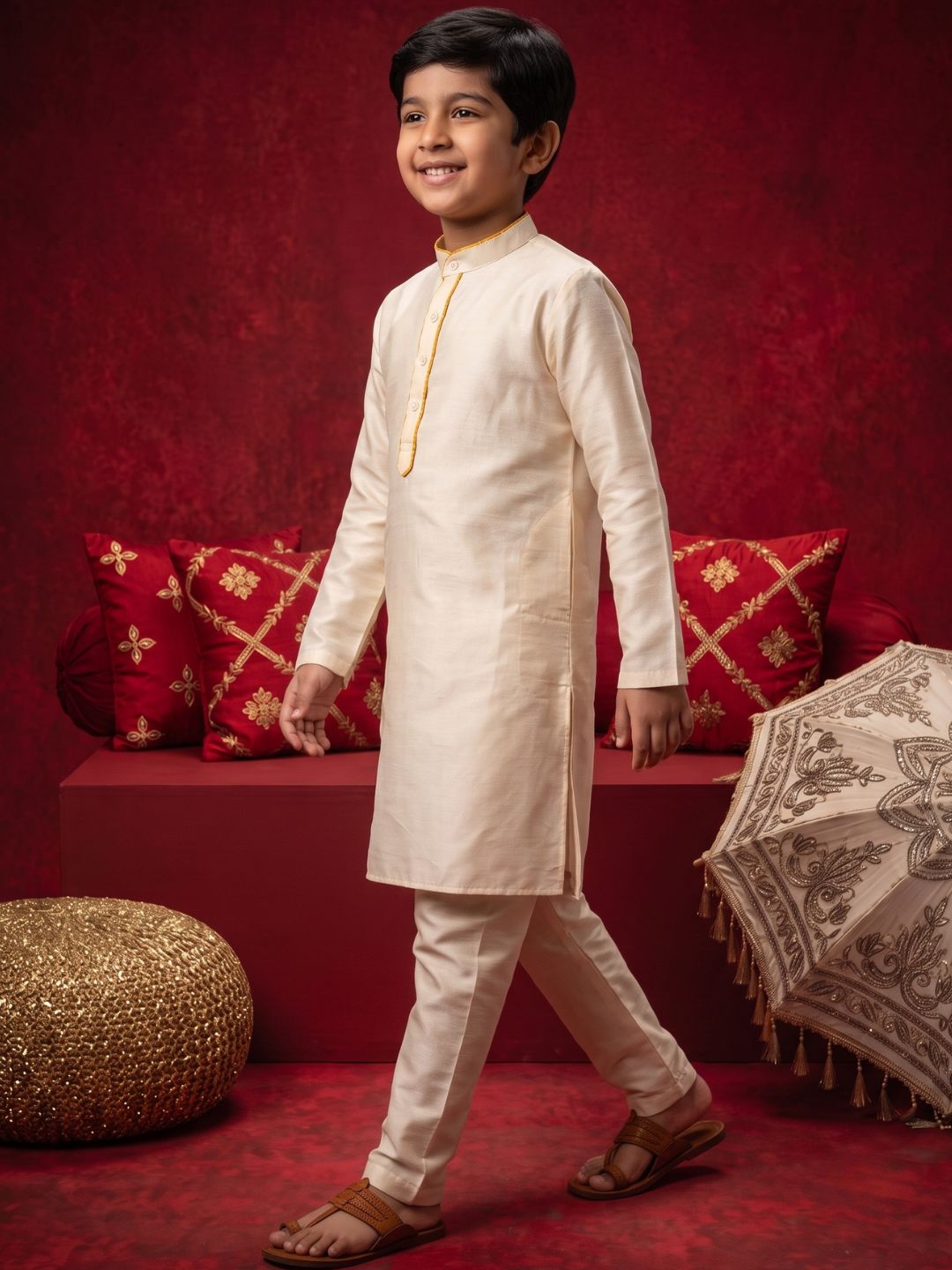 Cream Solid Silk Blend Yellow Piping Kurta and Pyjama Set For Boys