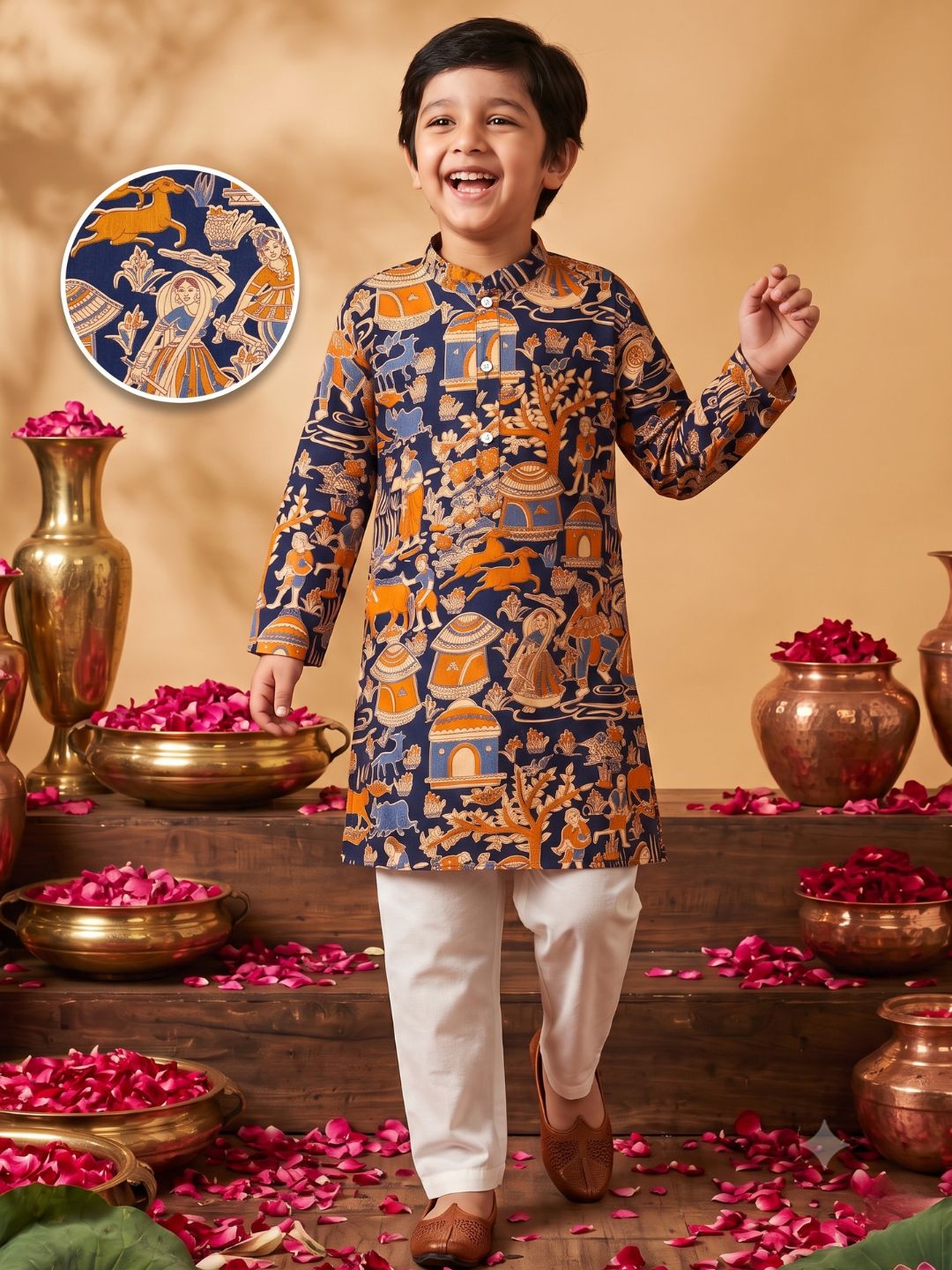 Navy Blue Abstract Printed Cotton Kurta Pyjama Set For Boys