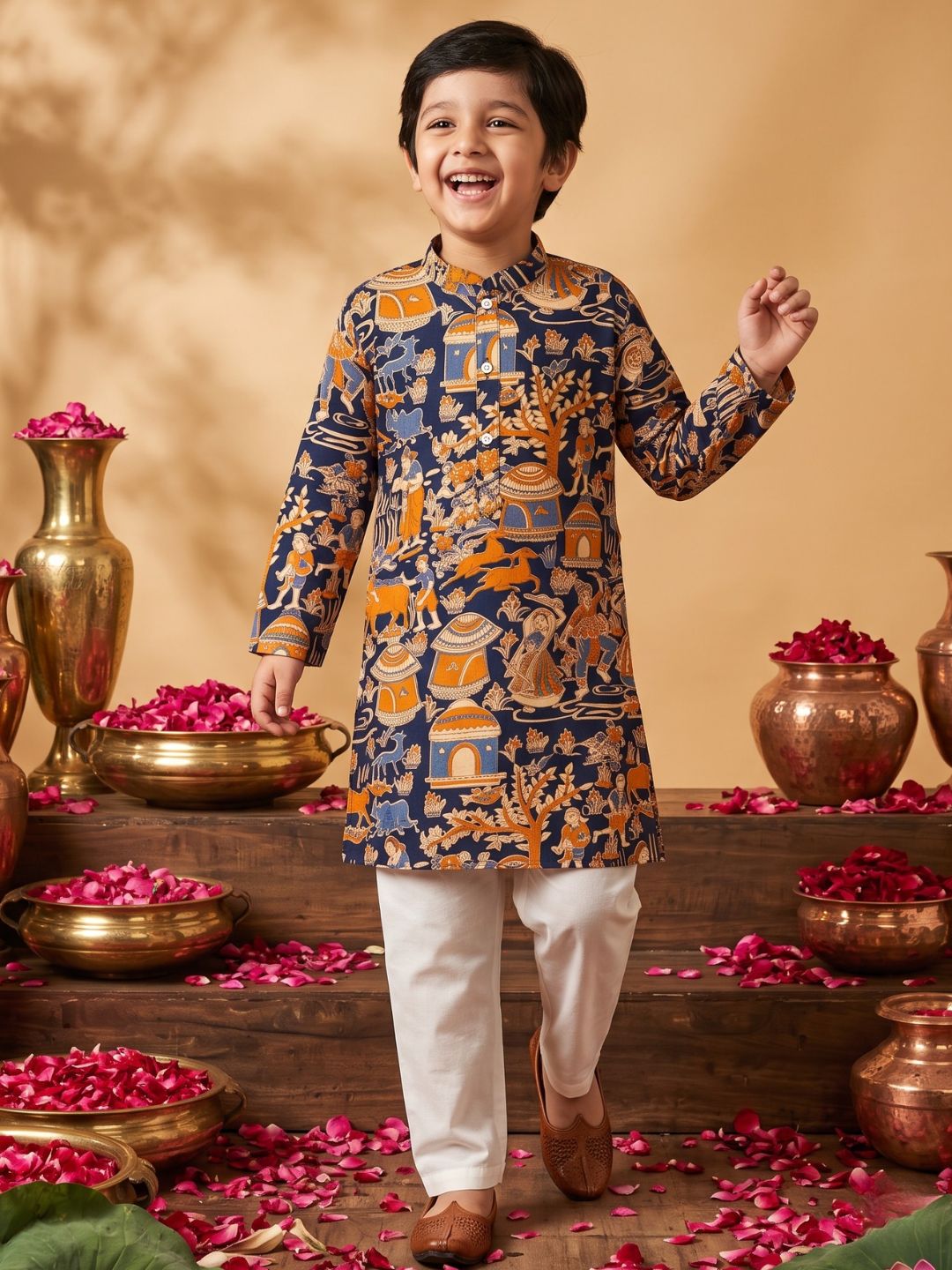 Navy Blue Abstract Printed Cotton Kurta Pyjama Set For Boys