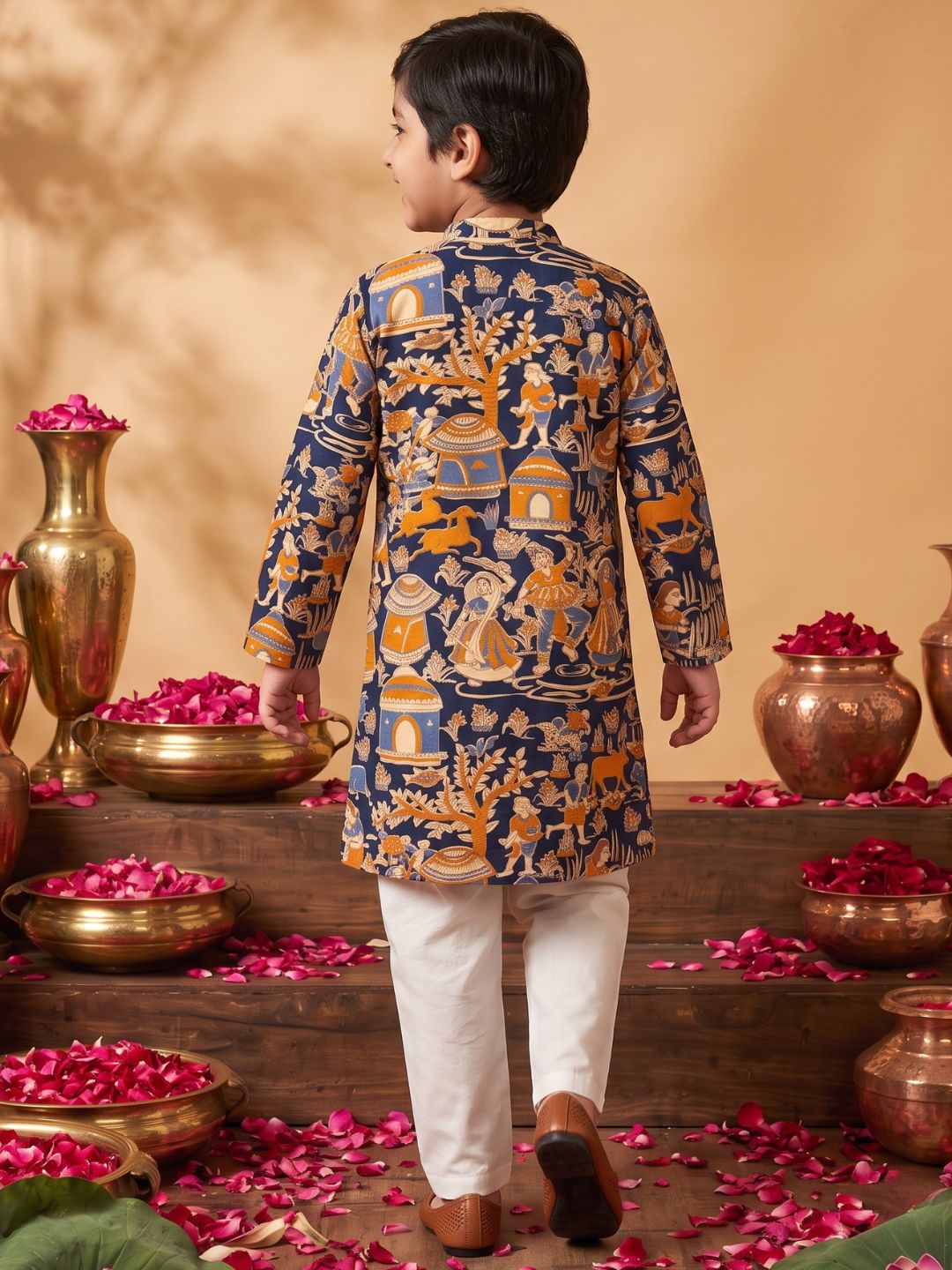 Navy Blue Abstract Printed Cotton Kurta Pyjama Set For Boys