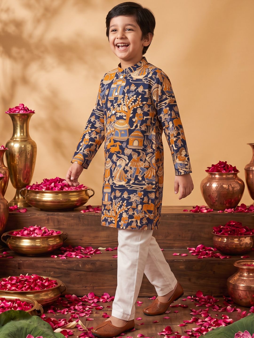 Navy Blue Abstract Printed Cotton Kurta Pyjama Set For Boys