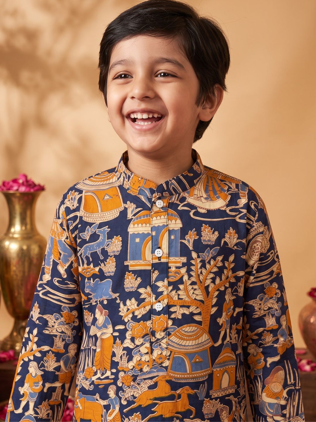 Navy Blue Abstract Printed Cotton Kurta Pyjama Set For Boys