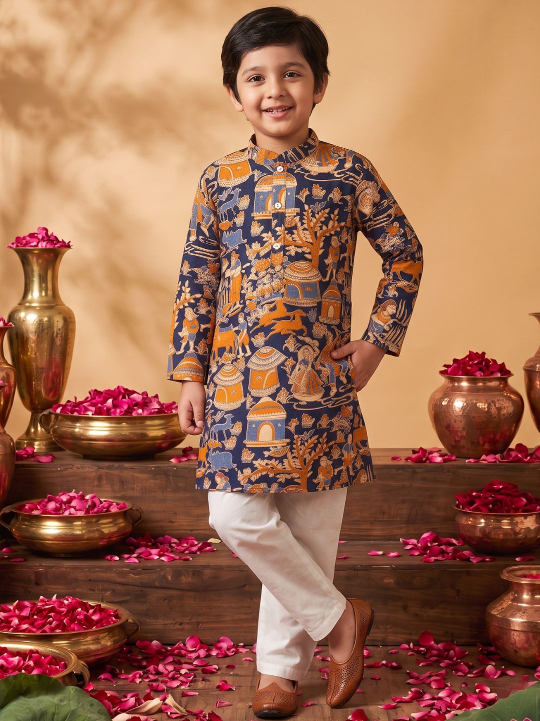 Navy Blue Abstract Printed Cotton Kurta Pyjama Set For Boys