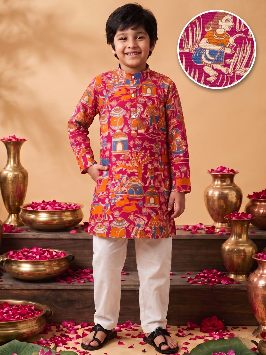 Pink Abstract Printed Cotton Kurta Pyjama Set For Boys