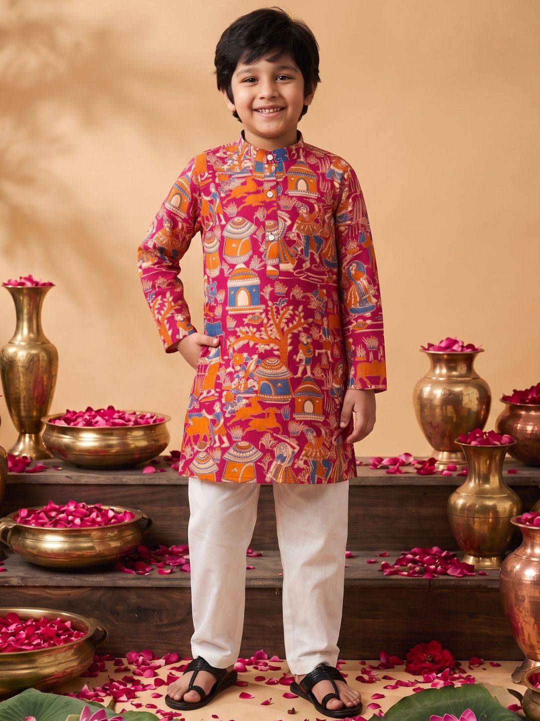 Pink Abstract Printed Cotton Kurta Pyjama Set For Boys
