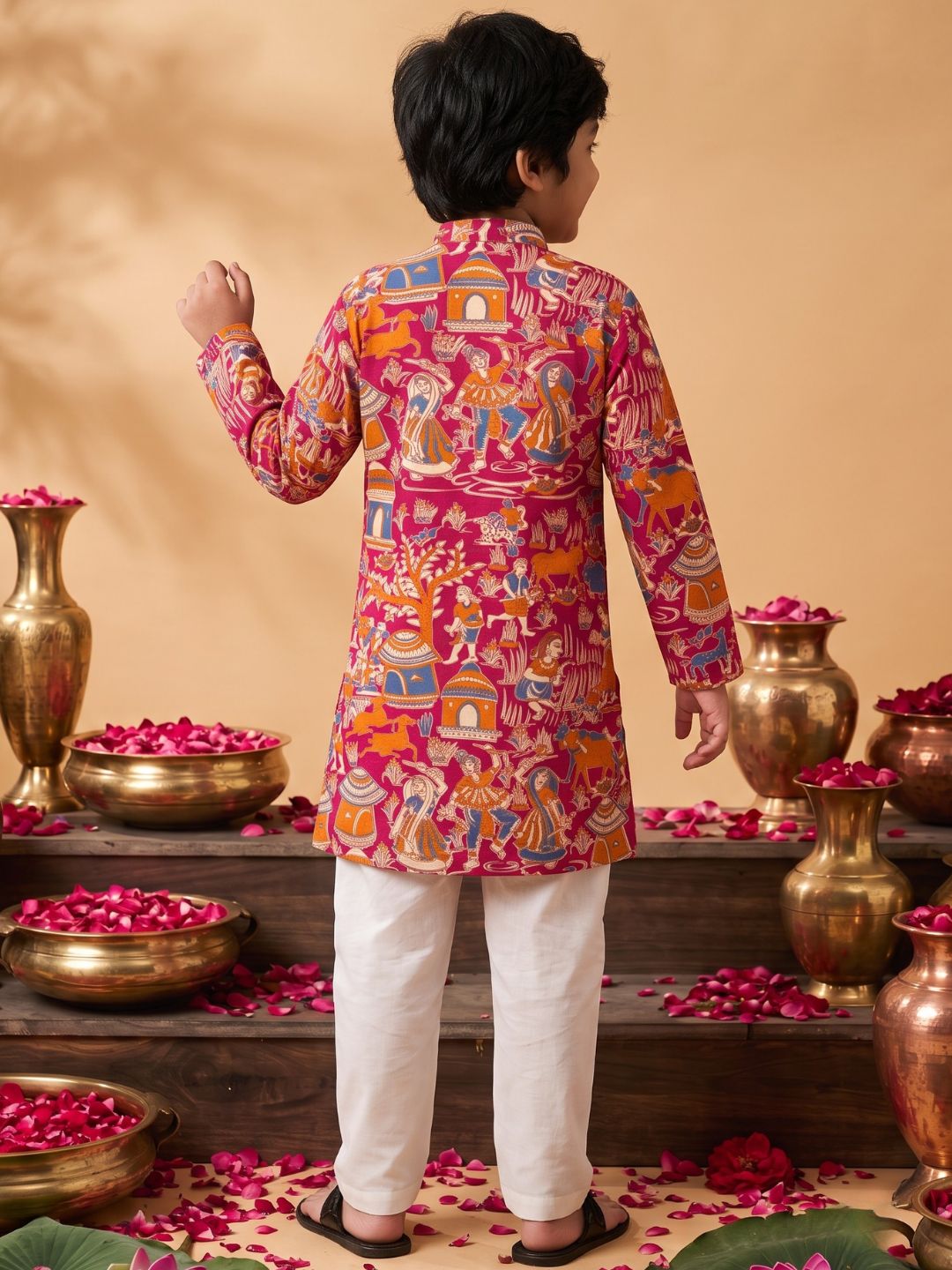 Pink Abstract Printed Cotton Kurta Pyjama Set For Boys