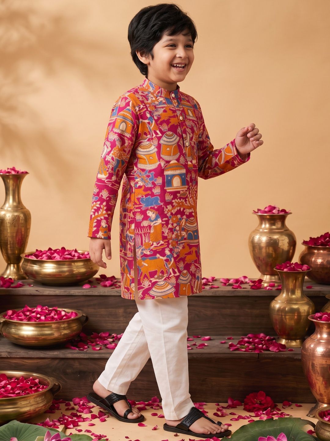 Pink Abstract Printed Cotton Kurta Pyjama Set For Boys