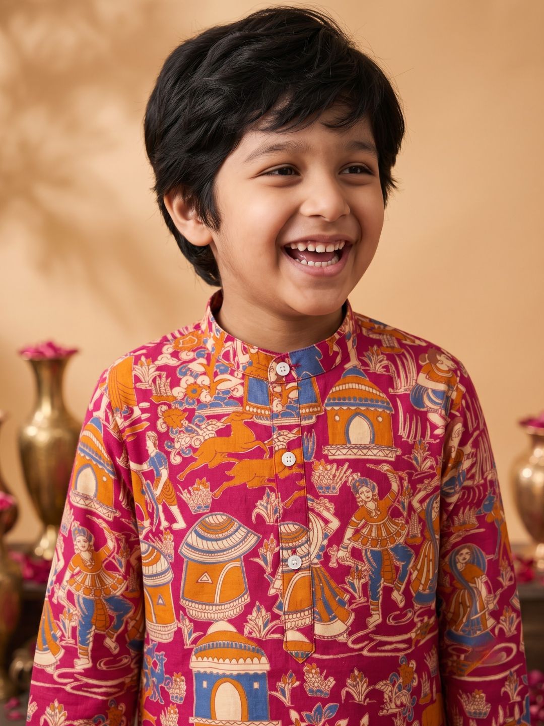 Pink Abstract Printed Cotton Kurta Pyjama Set For Boys